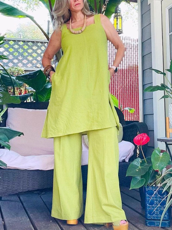 Long Side Split Cotton Linen Undershirt Ladies Sets