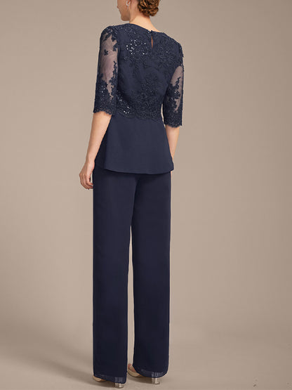 Round Neck Lace Solid Color Chiffon Top And Trousers Three-Piece Suit