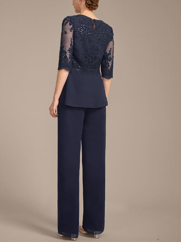 Round Neck Lace Solid Color Chiffon Top And Trousers Three-Piece Suit