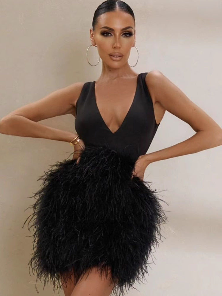 loveedsTM- Black Feather Dresses for Women 2024 Spring V-neck Sleeveless Lace-up Backless High Waist Tunics Short Evening Party Dresses