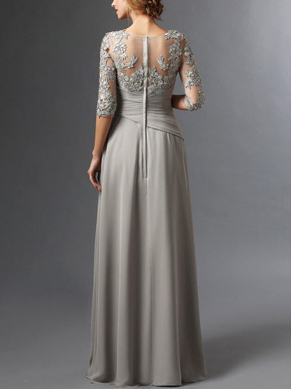 A-Line 3/4 Sleeve Chiffon Lace Maxi Dress