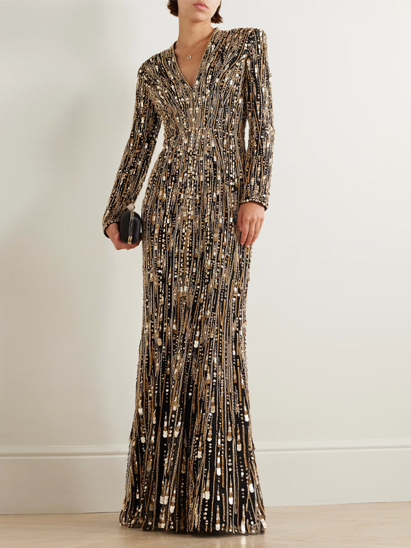 V-Neck Sequined Long Sleeves Maxi Dress