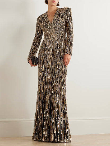 V-Neck Sequined Long Sleeves Maxi Dress