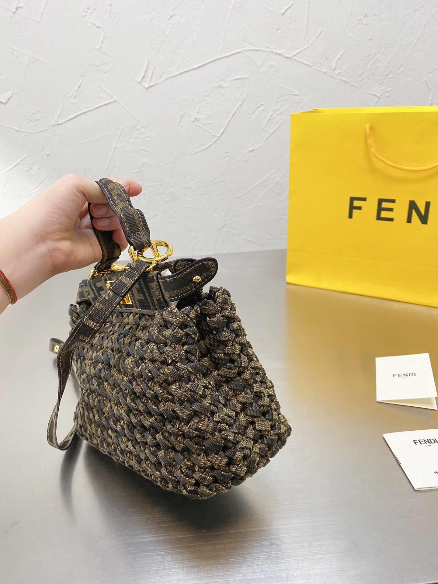 Fendi Peekaboo Iconic Mini Jacquard Fabric Interlace Bag
