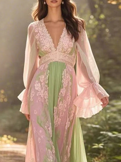 V-neck Lace Temperament Color Matching Women's Dress