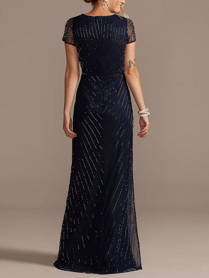 Beaded Short Sleeve V-Neck Dress with Pleats