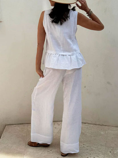 Cotton Linen Sleeveless Ruffled Ladies Sets