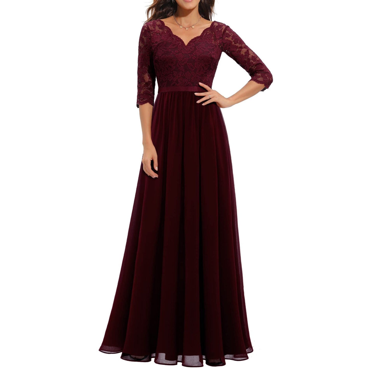 loveedsTM- Women&#39;s Elegant Vintage V Neck 3/4 Sleeve Floral Lace Chiffon Wedding Bridesmaid Maxi Dress Long Formal Dresses