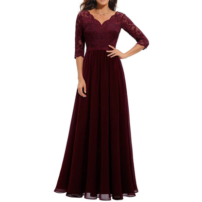 loveedsTM- Women&#39;s Elegant Vintage V Neck 3/4 Sleeve Floral Lace Chiffon Wedding Bridesmaid Maxi Dress Long Formal Dresses