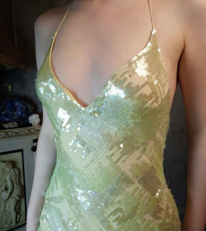 Gentle Green Mermaid Spaghetti Strap Sequin Chiffon Prom Dress Evening Dress SH2670
