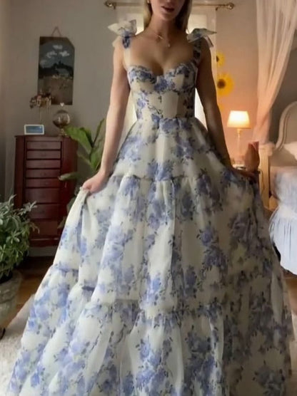 Sexy A line Long Blue Floral Prom Dress Blue and White Party Dresses P1590