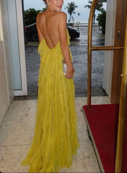 Yellow latest fashion chiffon long simple comfortable ball gown evening dress wedding guest dress gh4728