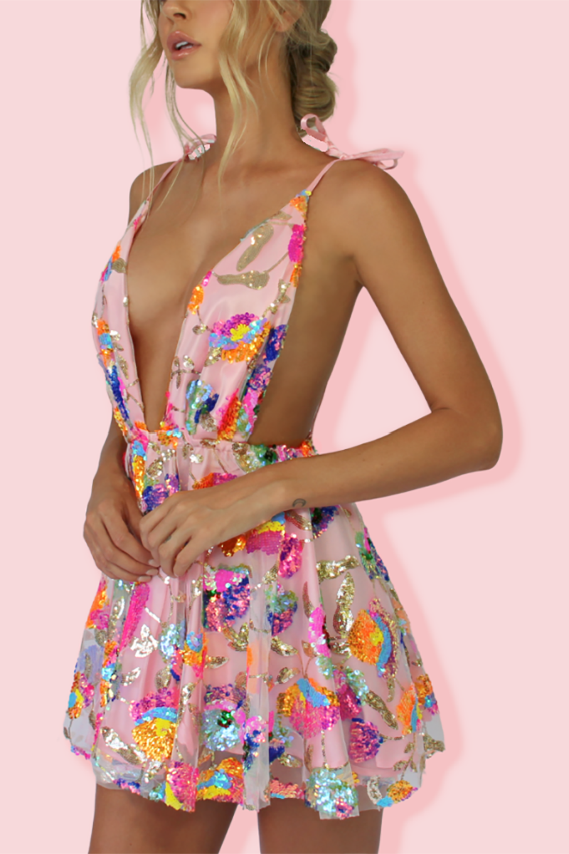 loveedsTM- Rainbow Sequin Open Back Slip Mini Dress