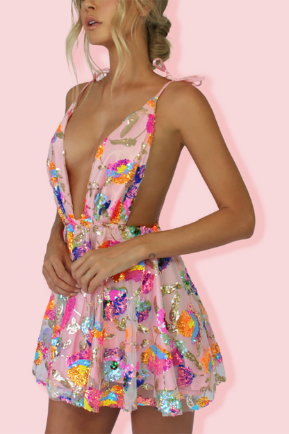 loveedsTM- Rainbow Sequin Open Back Slip Mini Dress
