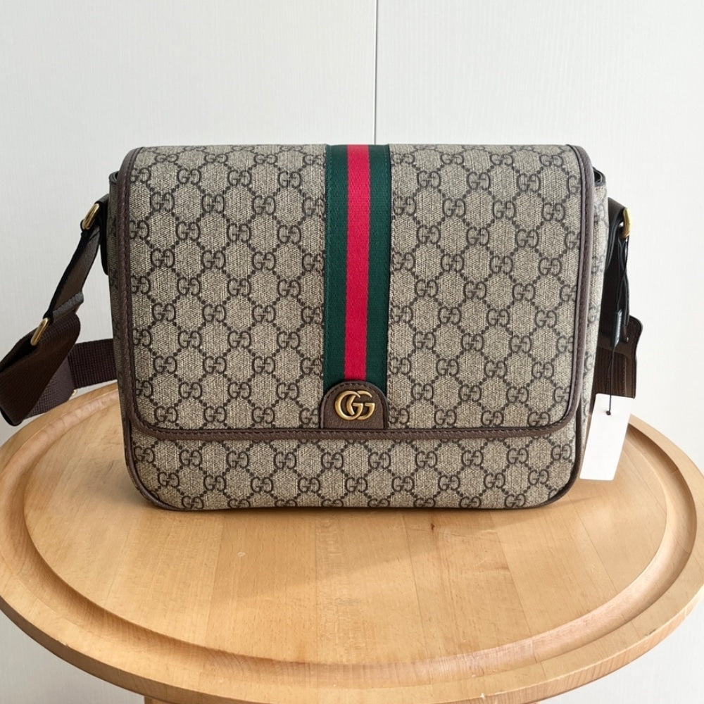GUCCI OPHIDIA MEDIUM MESSENGER BAG BEIGE AND EBONY 28CM 761741 FACJQ 9741
