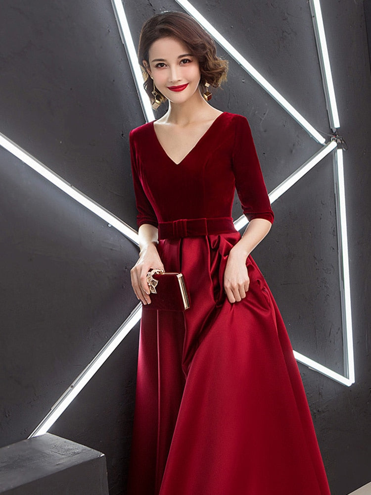 loveedsTM-V-neck Bow Waist A-line Satin Evening Dresses Short-Sleeve Velour Formal Women Prom Dresses Elegant Graduation Party Gowns