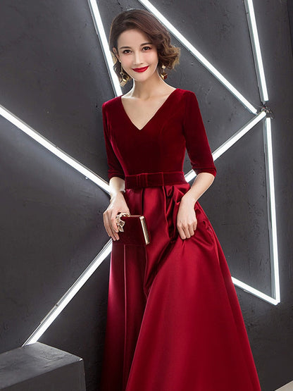 loveedsTM-V-neck Bow Waist A-line Satin Evening Dresses Short-Sleeve Velour Formal Women Prom Dresses Elegant Graduation Party Gowns