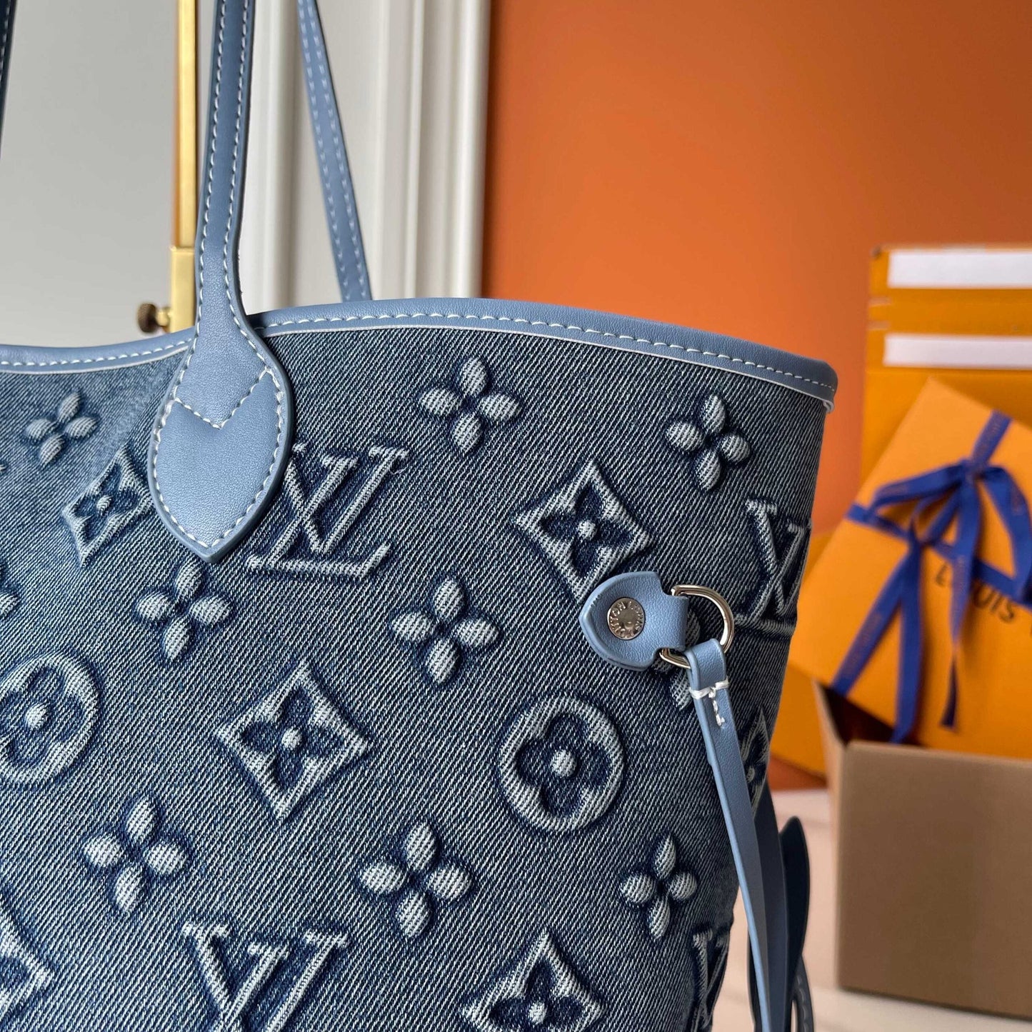 LOUIS VUITTON NEVERFULL MM BAG MONOGRAM DENIM BLUE 32CM
