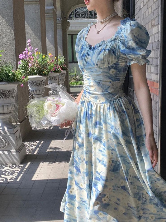 Blue Floral Elegant Long Chiffon Homecoming Dress Ball Gown Evening Dress Wedding Guest Dress Birthday/Garden Party Dress Prom Dress gh4091