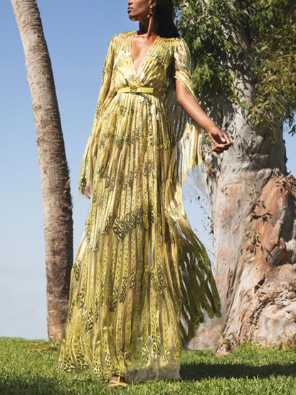 V-neck Lace Solid Color Long Sleeves Maxi Dress