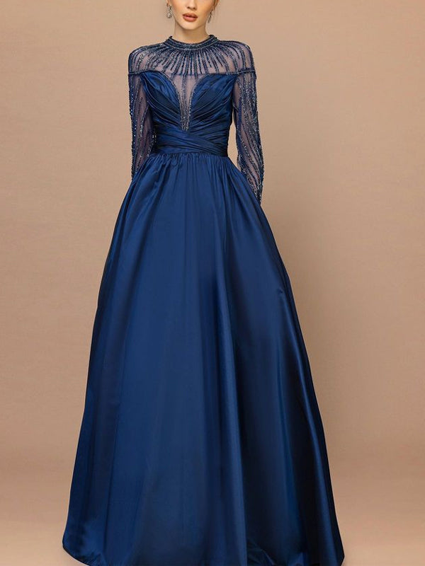 Round Neck Solid Color Long Sleeves Maxi Dress