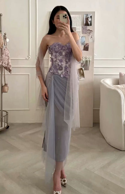 Exquisite Purple Floral Sheath Sweetheart Neck Tulle Prom Dress Evening Dress Formal Dress SH3835