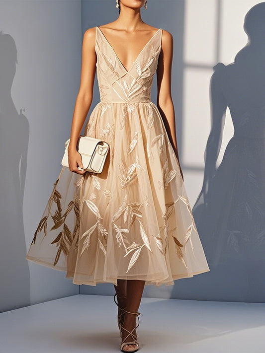 V-neck Sleeveless Mesh Midi Dress