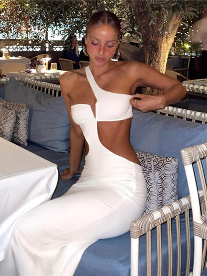 loveedsTM-White Long Summer Dress Women Sexy Cut Out Slim Evening Party Dress Fashion One Shoulder Vacation Beach Maxi Dresses 2024 New