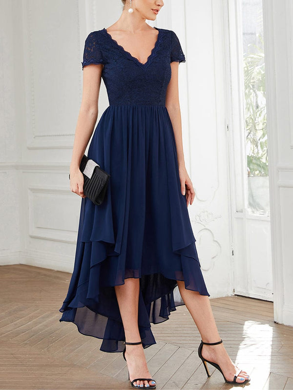 V-neck Lace Solid Color Midi Dress