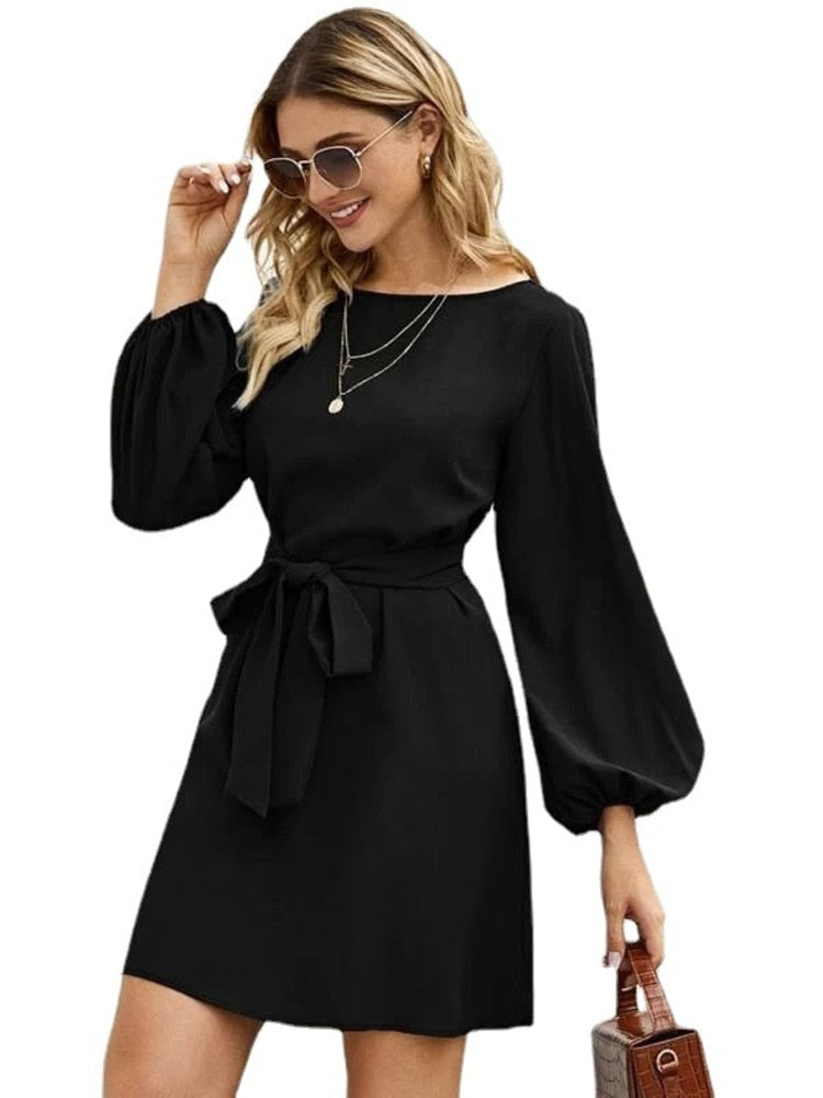 loveedsTM-Women Midi Dress Fashion Comfortable Atmosphere Drawstring Lantern Sleeve Mini A-line Skirt Dress Summer New