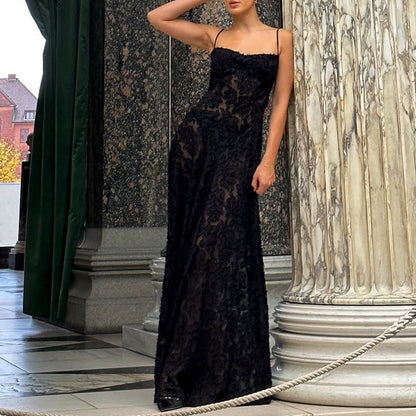 loveedsTM-Black see-through suspender skirt sexy backless long dress evening dress