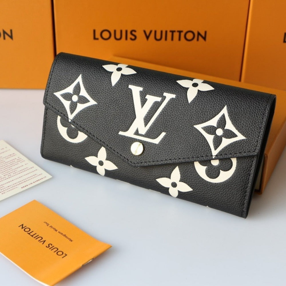 LOUIS VUITTON SARAH WALLET BICOLOR MONOGRAM EMPREINTE BLACK AND BEIGE 19CM M80496
