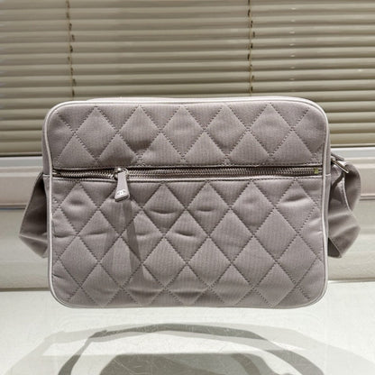CHANEL MESSENGER BAG QUILTED CANVAS LIGHT GREY 30CM