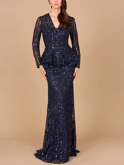 V-neck Long Sleeves Lace Sequins Maxi Dress