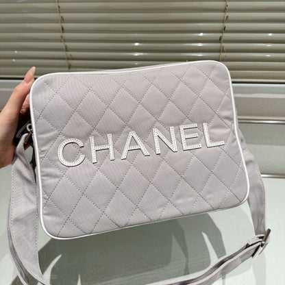 CHANEL MESSENGER BAG QUILTED CANVAS LIGHT GREY 30CM