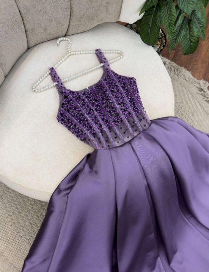 Purple A Line Spaghetti Strap Beaded Pearls Satin Long Prom Dress Evening Dress SH2265