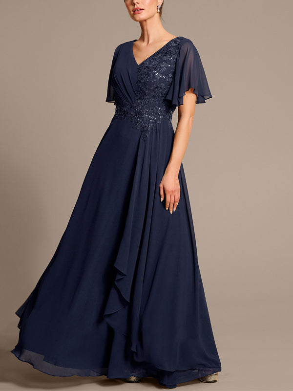 V-neck Lace Chiffon Solid Color Maxi Dress