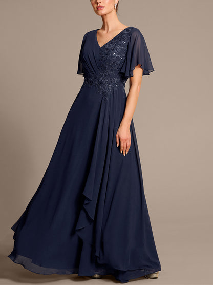 V-neck Lace Chiffon Solid Color Maxi Dress