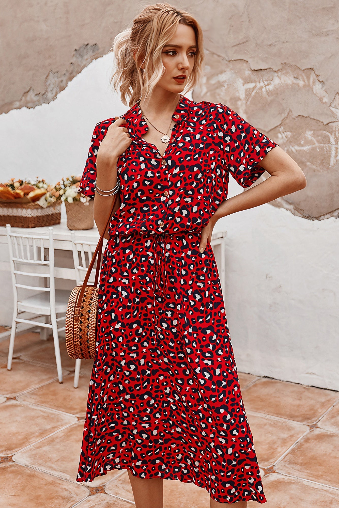 loveedsTM-Polka-dot print short-sleeved midi dress