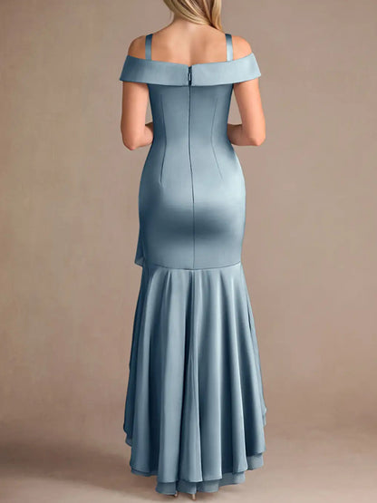 Dusty Blue Mermaid Off the Shoulder Stretch Satin Dress