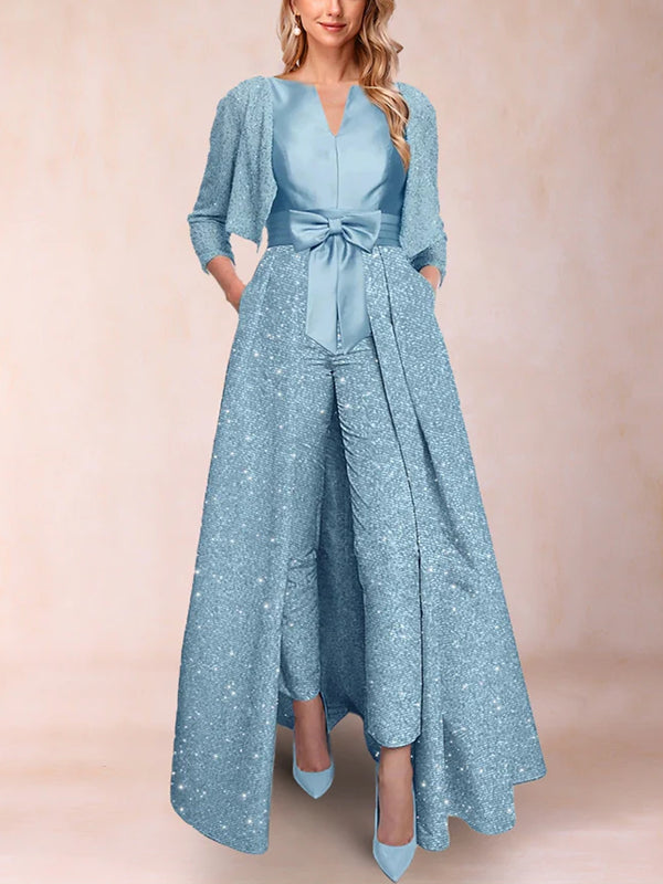 A-Line/Princess V-Neck 3/4 Sleeves 3 Pieces Pantsuits with Bow Knot