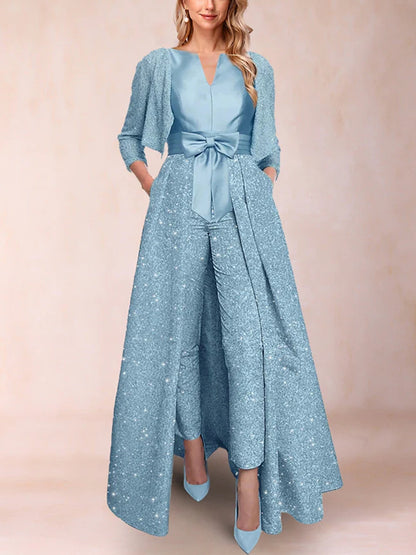 A-Line/Princess V-Neck 3/4 Sleeves 3 Pieces Pantsuits with Bow Knot