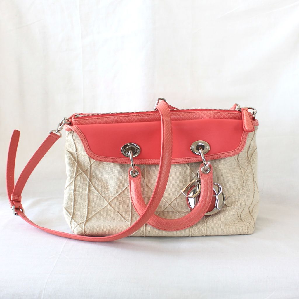 Christian Dior beige canvas with pink python leather trim,