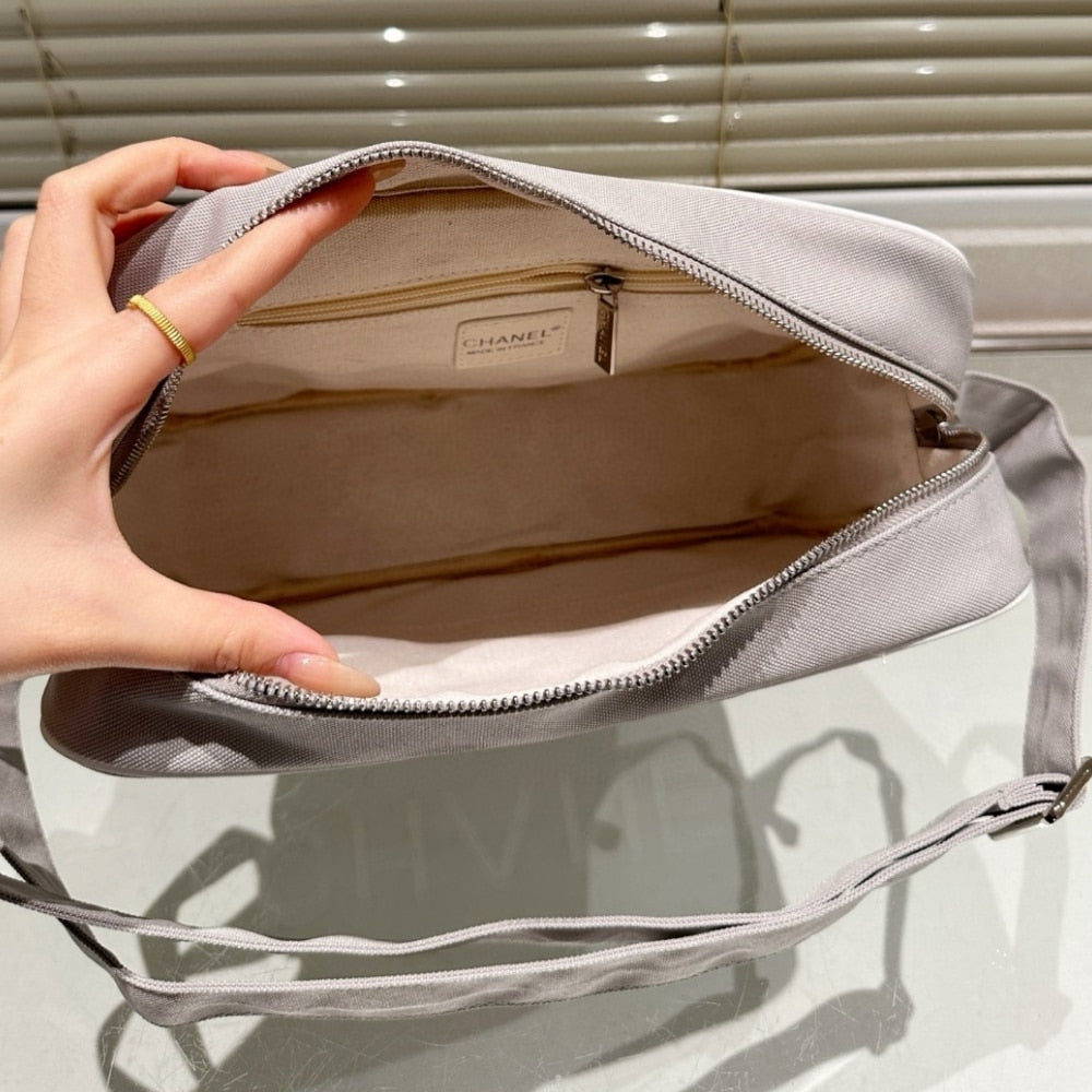 CHANEL MESSENGER BAG QUILTED CANVAS LIGHT GREY 30CM