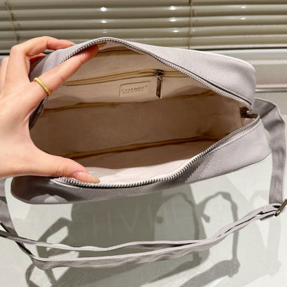 CHANEL MESSENGER BAG QUILTED CANVAS LIGHT GREY 30CM