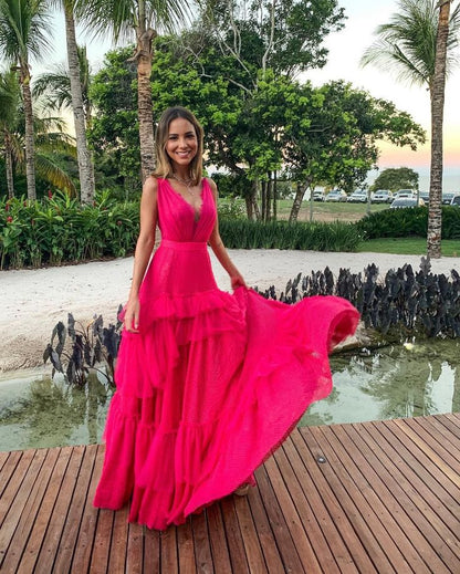 Pink Elegant Sexy V-neck Lace Spaghetti Straps Long Chiffon Ruffle Ball Gown Evening Dress Wedding Guest Party Dress gh3322
