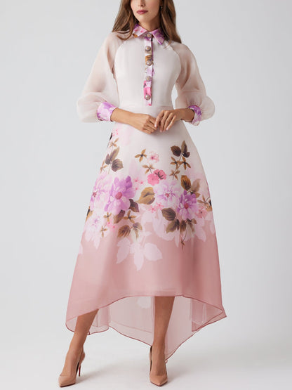 Organza Jewel Button High Low Hem Shirt Dress