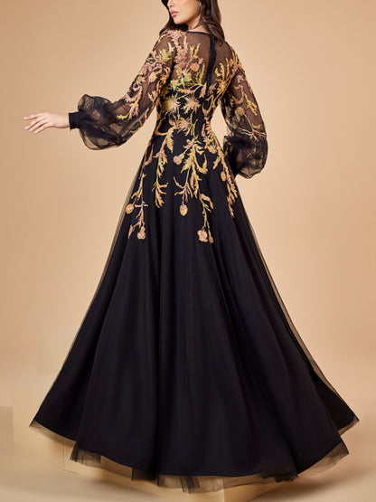 A-line Dress with Bubble sleeves with OmbrÃ© beaded lace