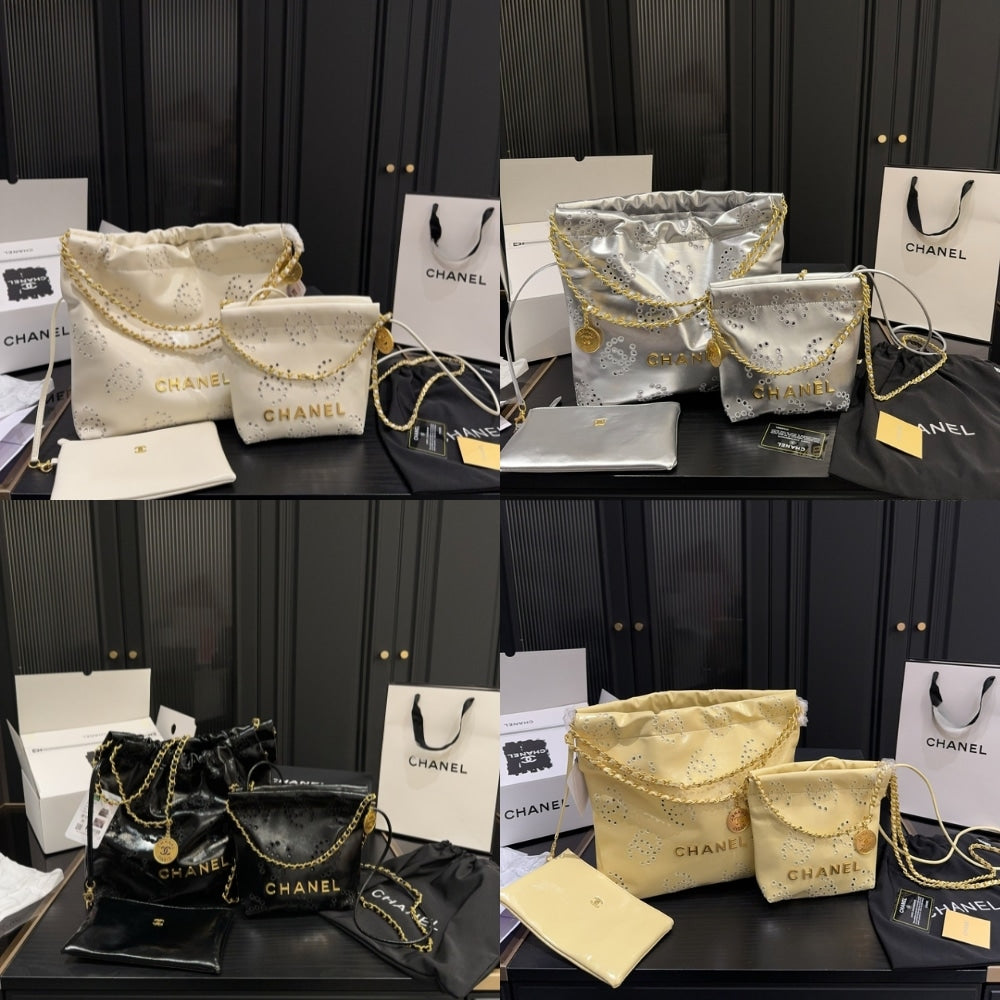 CHANEL 22 MINI HANDBAG SHINY AND GOLD TONE METAL WHITE AS3980 B19648 10601