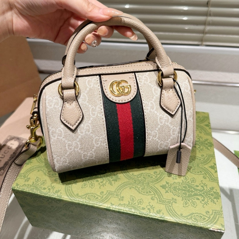 GUCCI OPHIDIA MINI BOSTON BAG BEIGE AND OATMEAL 17CM 781490 UULAG 9643